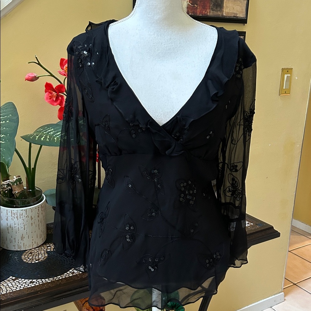 Silkland Black Long Sleeve Sheer V Neck 100% SILK Sequins Ruffle Blouse NWT Lg